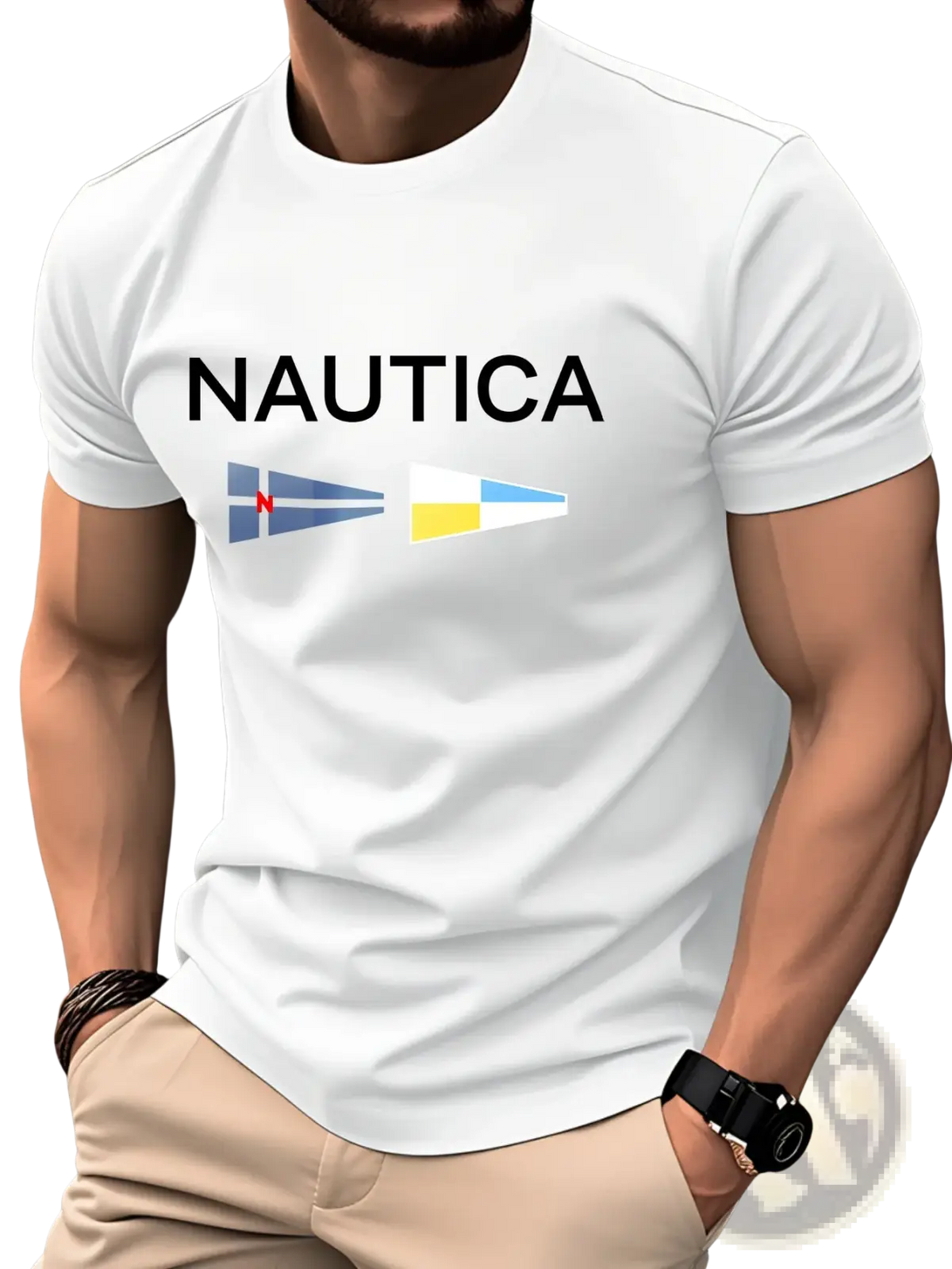 Men nautica graphic letter print summer t shirt white with bold black logo and two colorful sailboat flag graphics