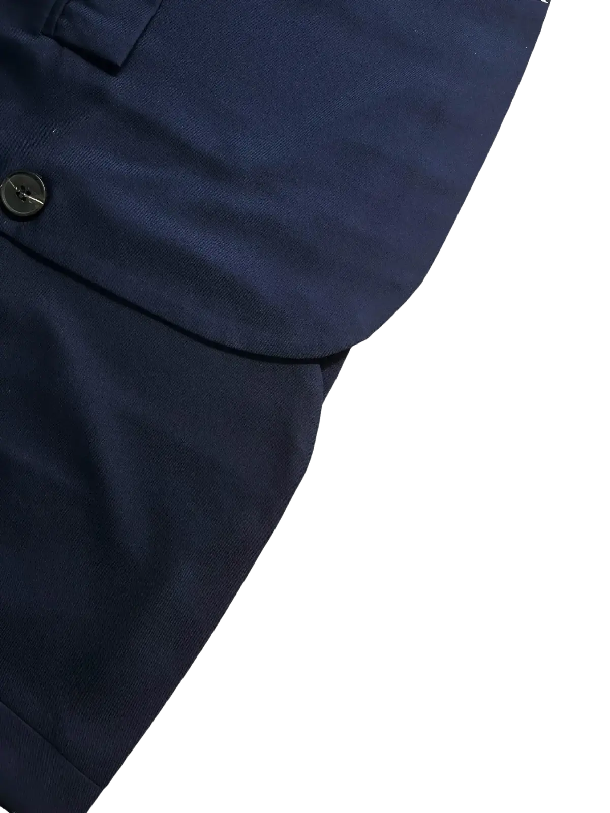 Men navy blue formal suit set showing navy fabric with a single dark button on the flap detail