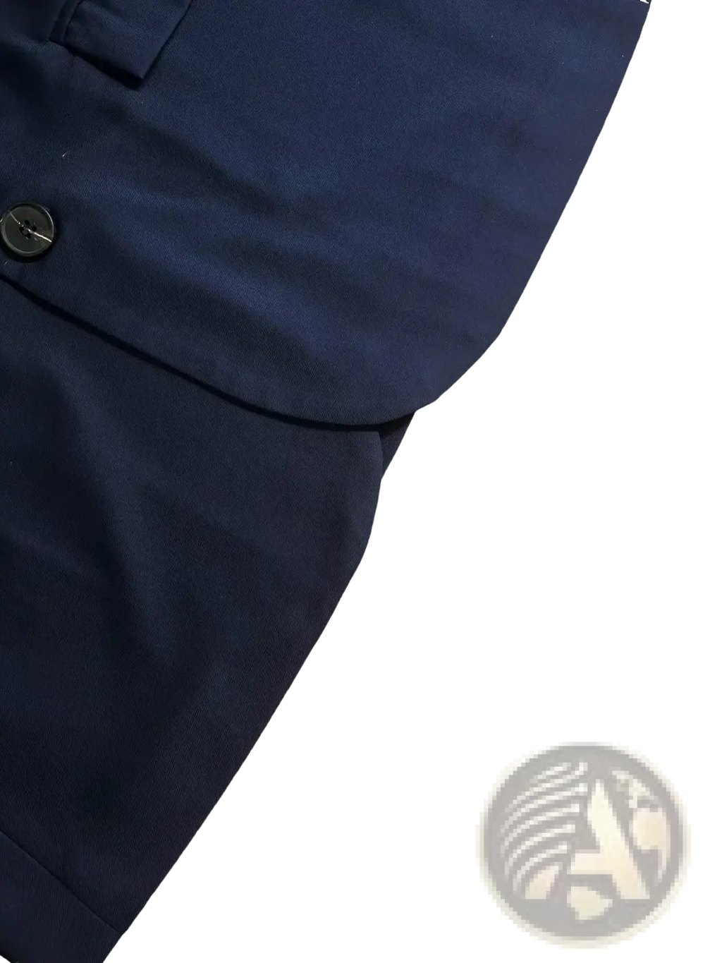 Men navy blue formal suit set showing navy fabric with a single dark button on the flap detail