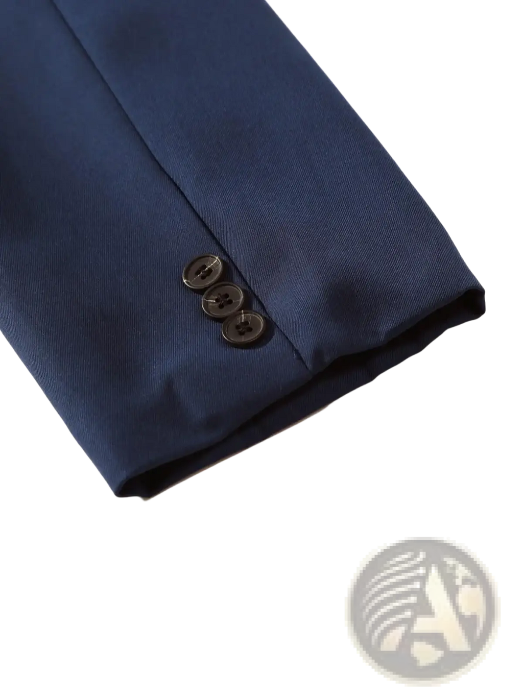 Men navy blue formal suit set jacket sleeve with three dark metallic buttons made of premium fabric