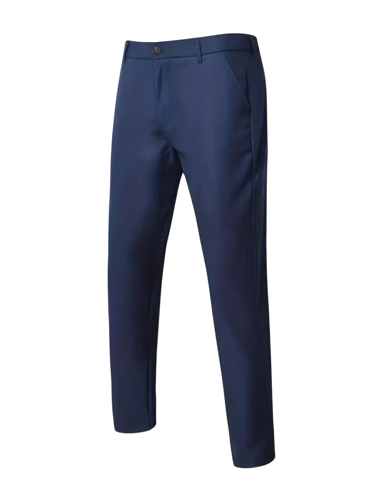 Men navy blue formal suit set featuring trousers with a sleek straight-leg cut and subtle crease detail