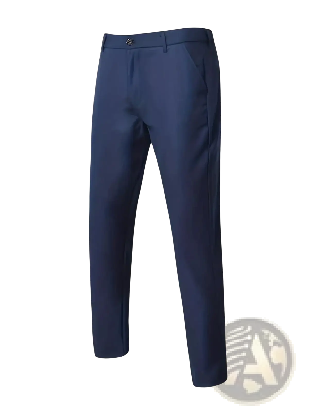 Men navy blue formal suit set featuring trousers with a sleek straight-leg cut and subtle crease detail