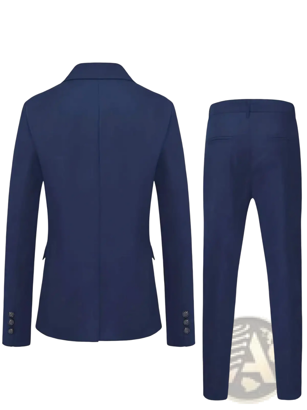 Men navy blue formal suit set with tailored structured blazer and matching trousers for elegant occasions