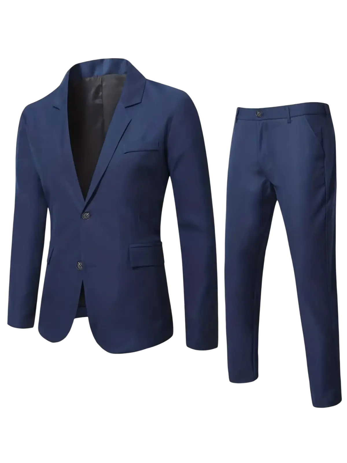Men navy blue formal suit set featuring a tailored blazer and matching trousers for elegant professional wear