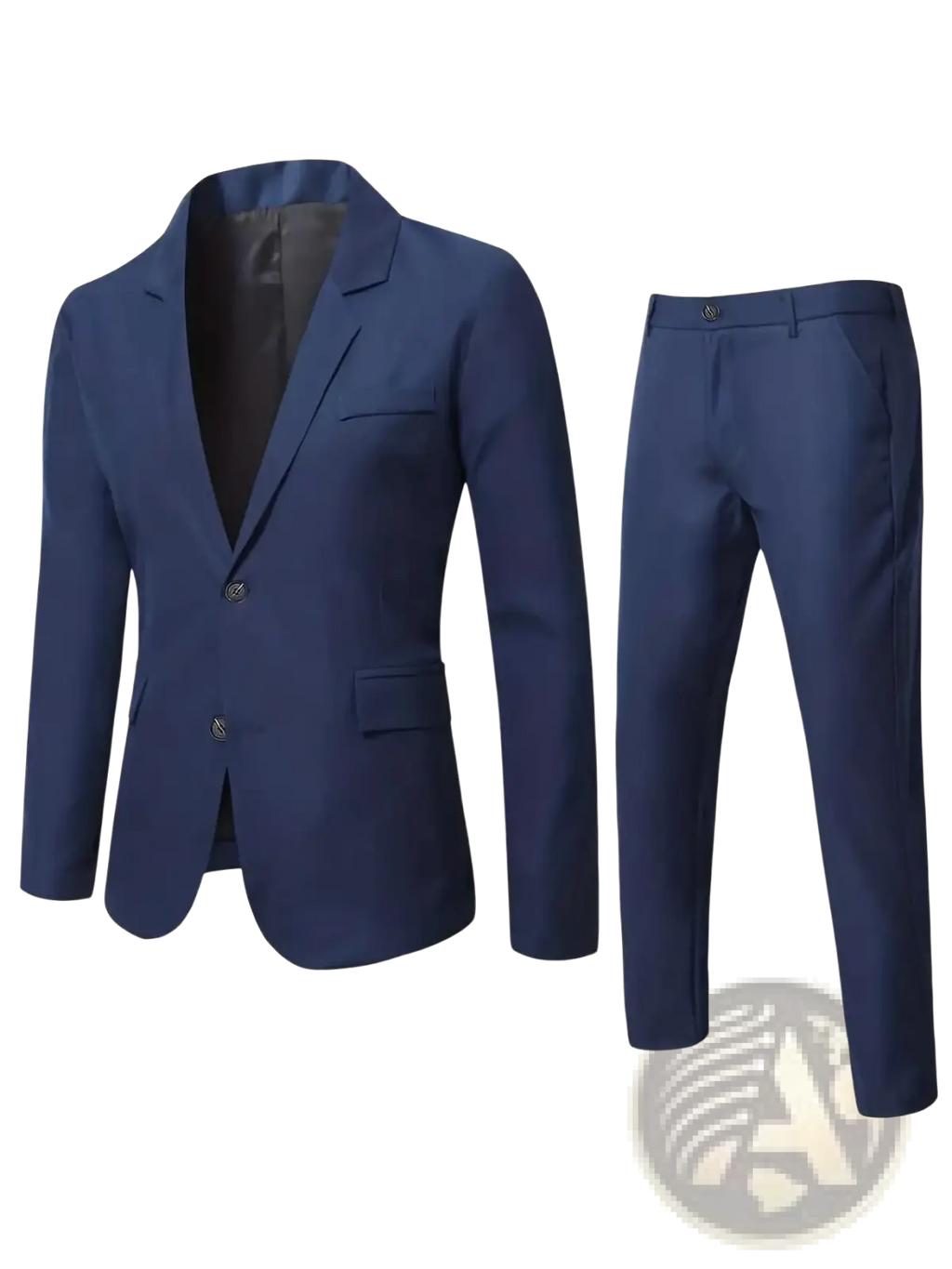 Men navy blue formal suit set featuring a tailored blazer and matching trousers for elegant professional wear