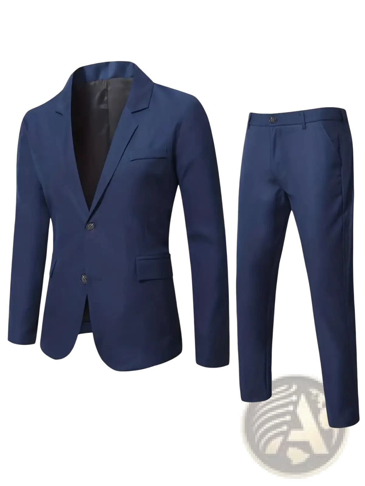 Men navy blue formal suit set featuring a tailored blazer and matching trousers for elegant professional wear