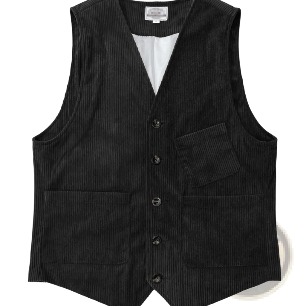 Black corduroy vest with vertical ribs front button closure and two large patch pockets for casual wear