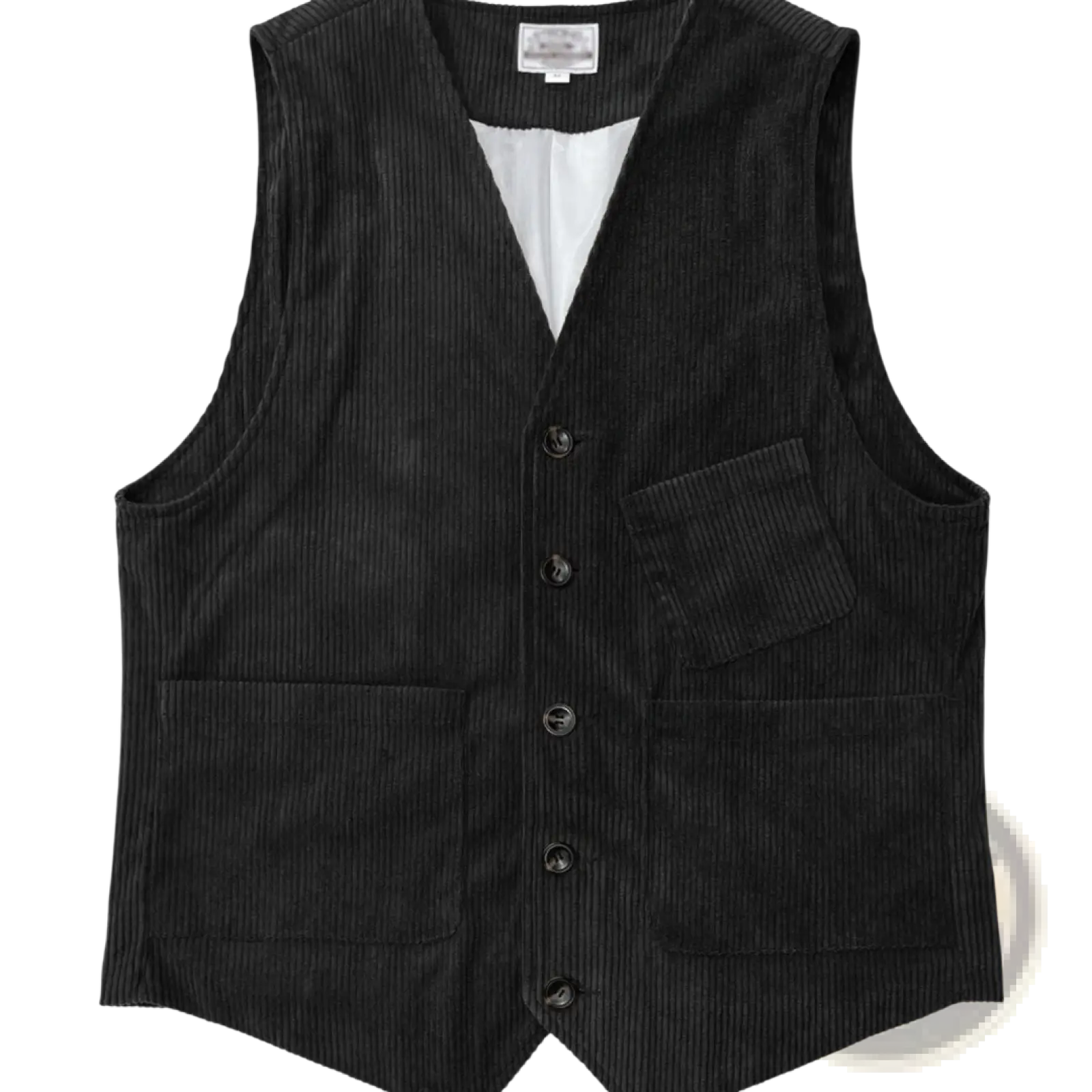 Black corduroy vest with vertical ribs front button closure and two large patch pockets for casual wear