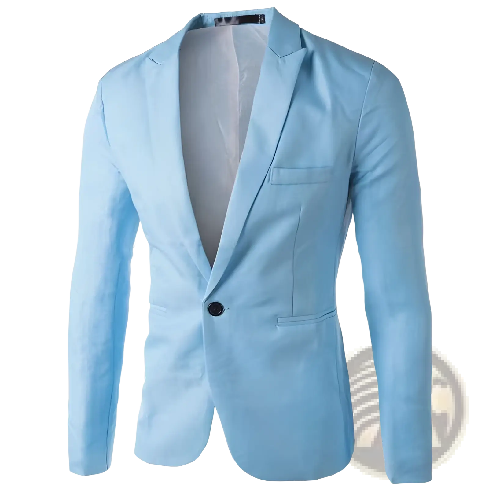 Men navy blue single breasted casual blazer with light blue fabric, single black button, and subtle stitching details