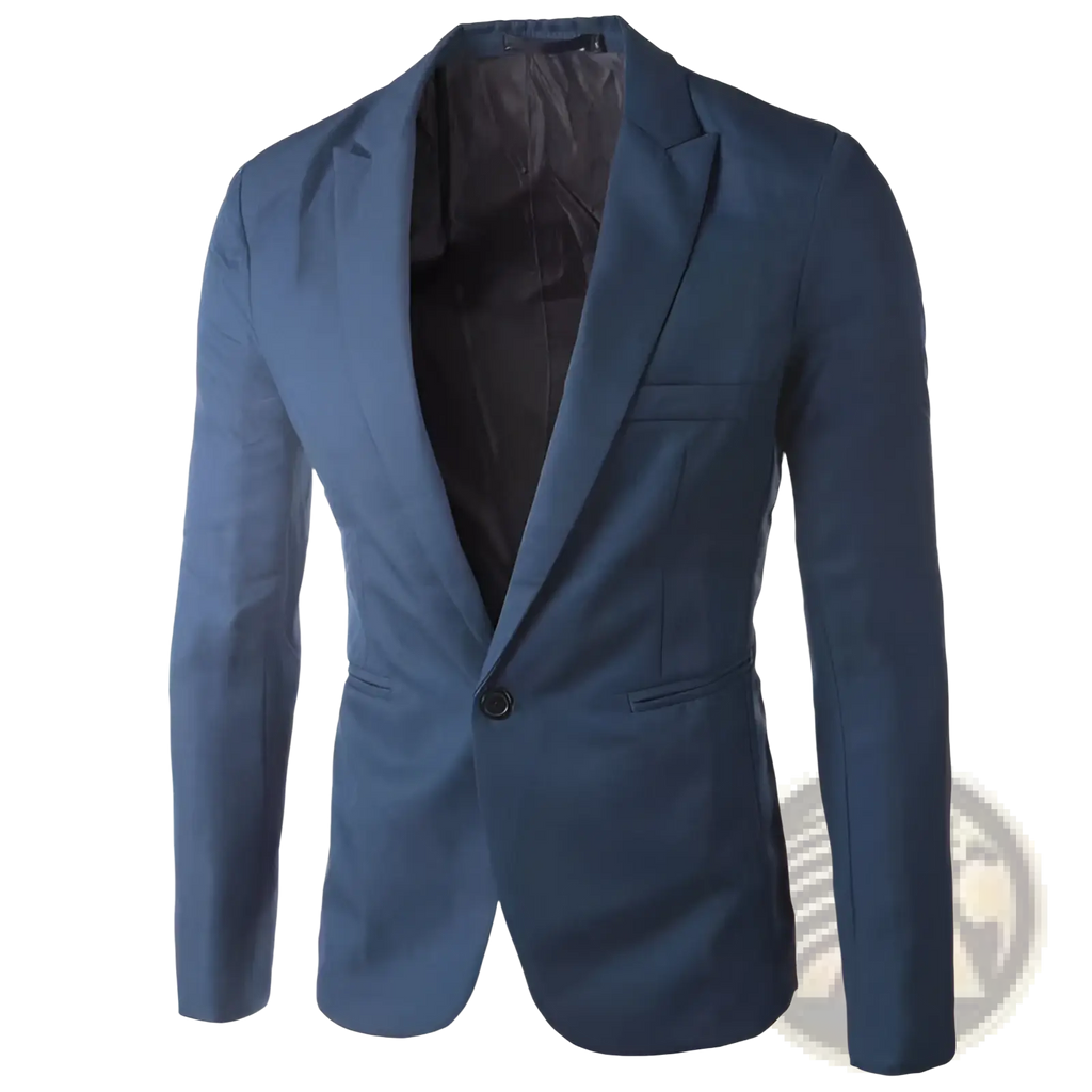 A sleek navy blue men navy blue single breasted casual blazer with single button closure and subtle texture