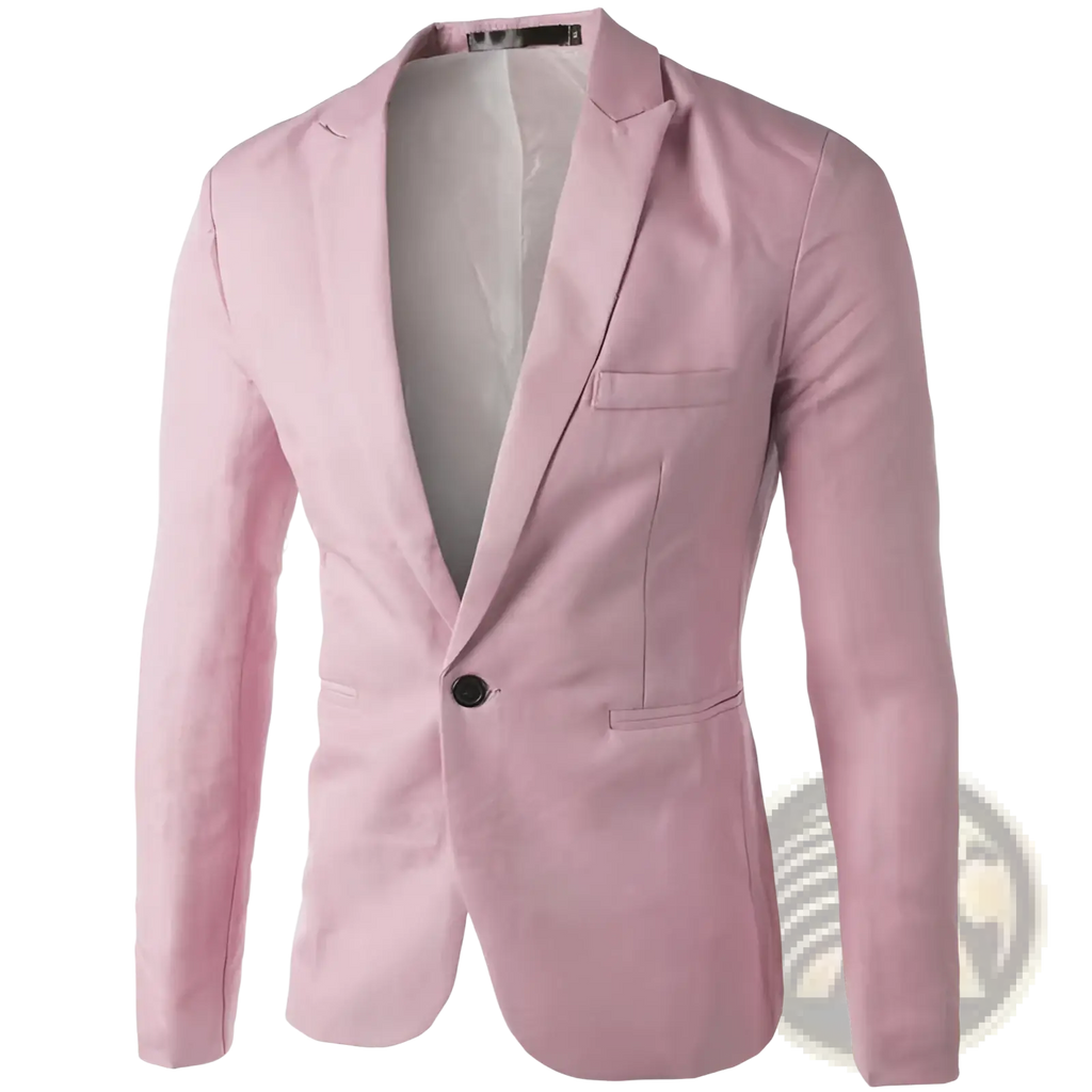Men navy blue single breasted casual blazer with a sleek pink blazer featuring black button and subtle stitching details
