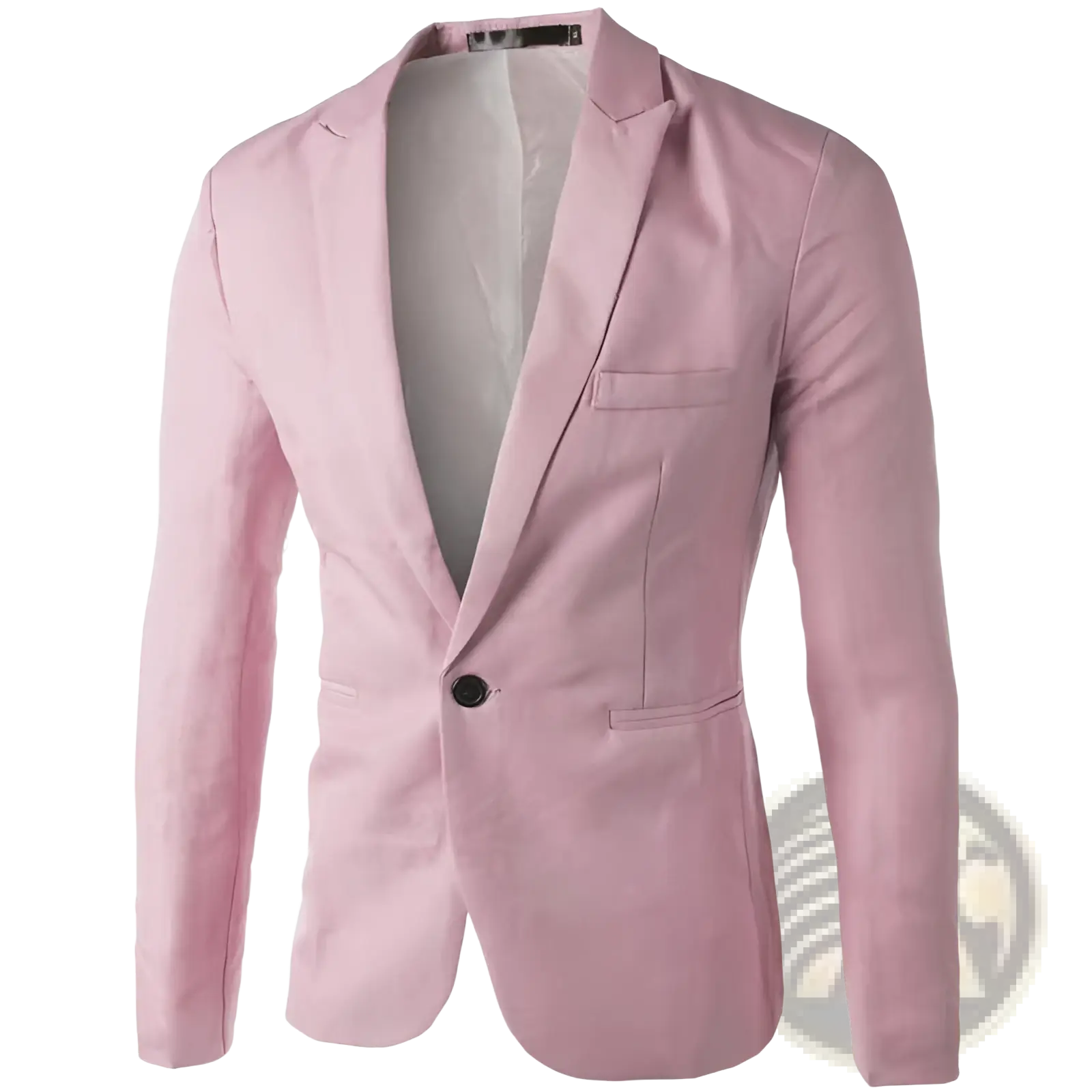 Men navy blue single breasted casual blazer with a sleek pink blazer featuring black button and subtle stitching details