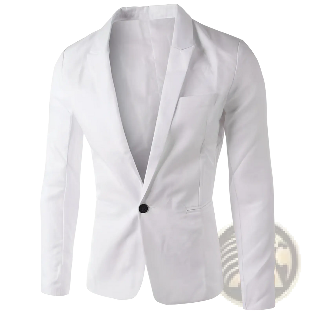 White men single breasted blazer with black button and subtle texture showcased with navy blue casual blazer title