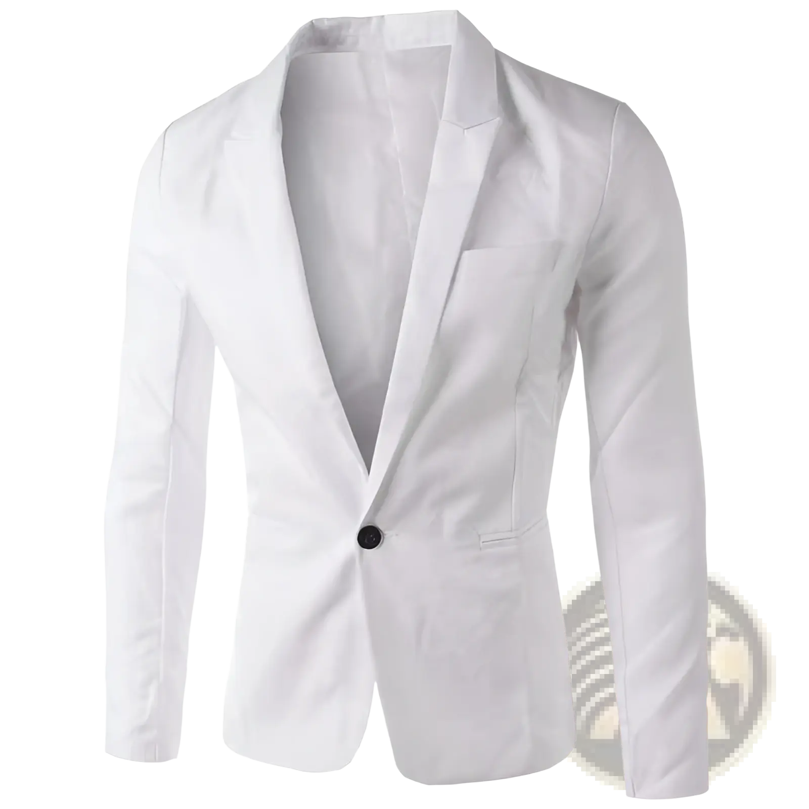 White men single breasted blazer with black button and subtle texture showcased with navy blue casual blazer title