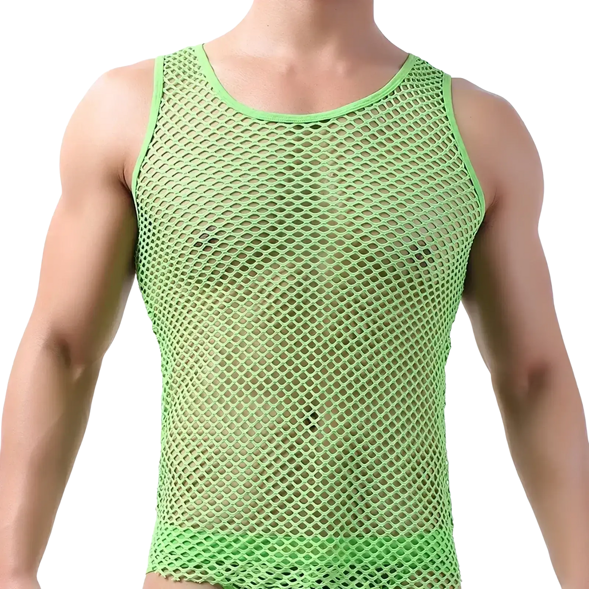 Men neon mesh tank top in bright neon green with breathable mesh fabric round neckline and fitted sleeveless vest design
