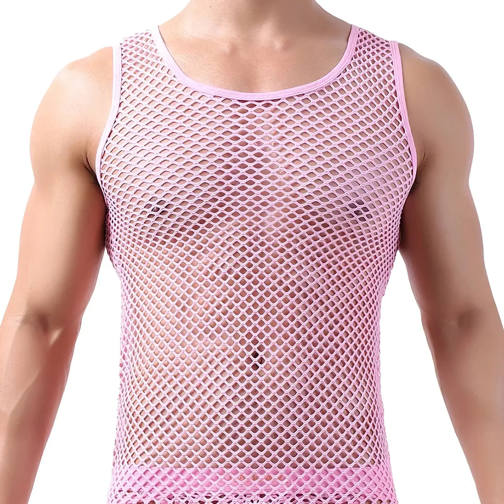 Men neon breathable pink mesh tank top sleeveless vest with rounded neckline and fitted design