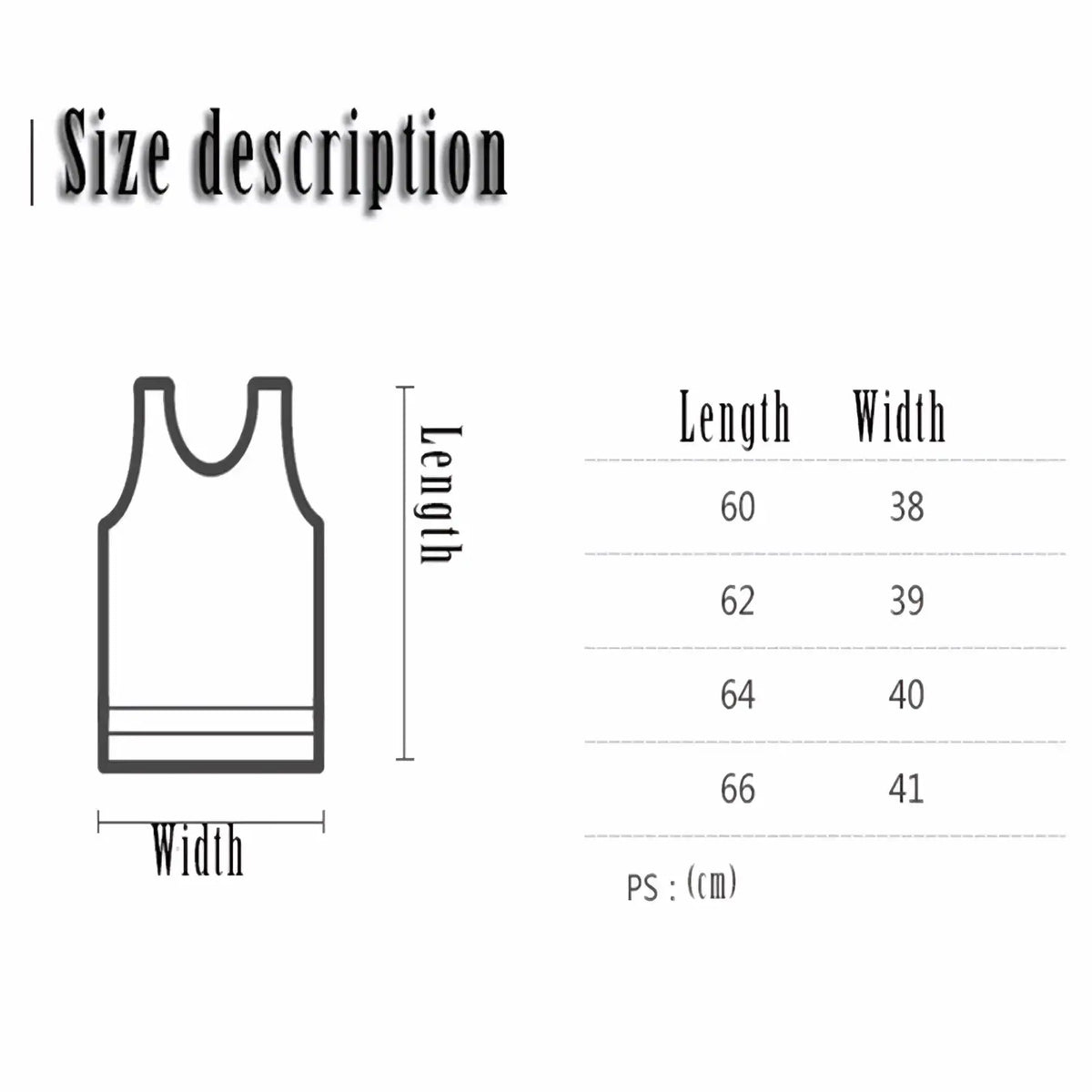 Size description chart in centimeters for men neon mesh breathable sleeveless tank top vest