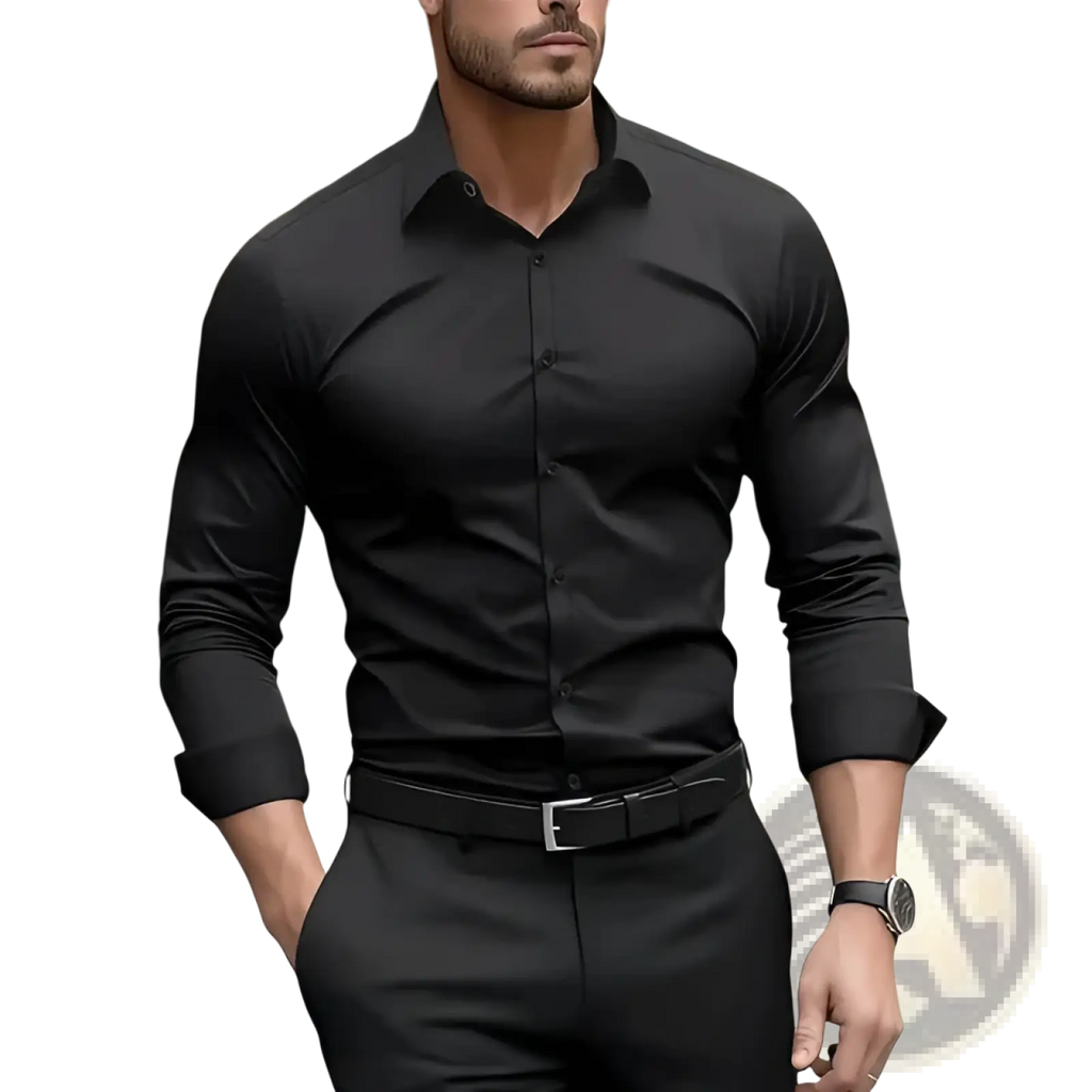 Black non-iron long-sleeved business dress shirt with a classic collar and button-down front for men