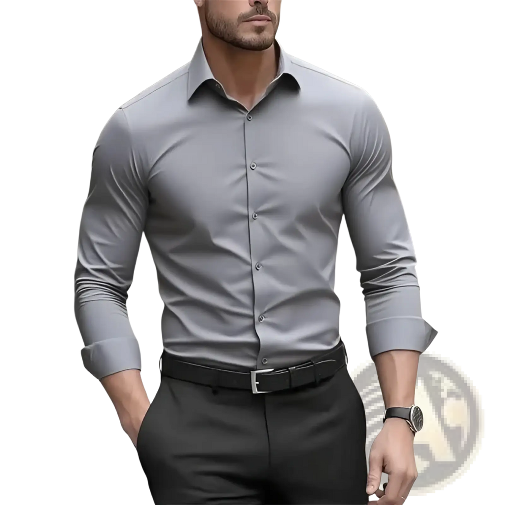 A sleek gray men’s non-iron business dress shirt with long sleeves and a classic collar with button-down front