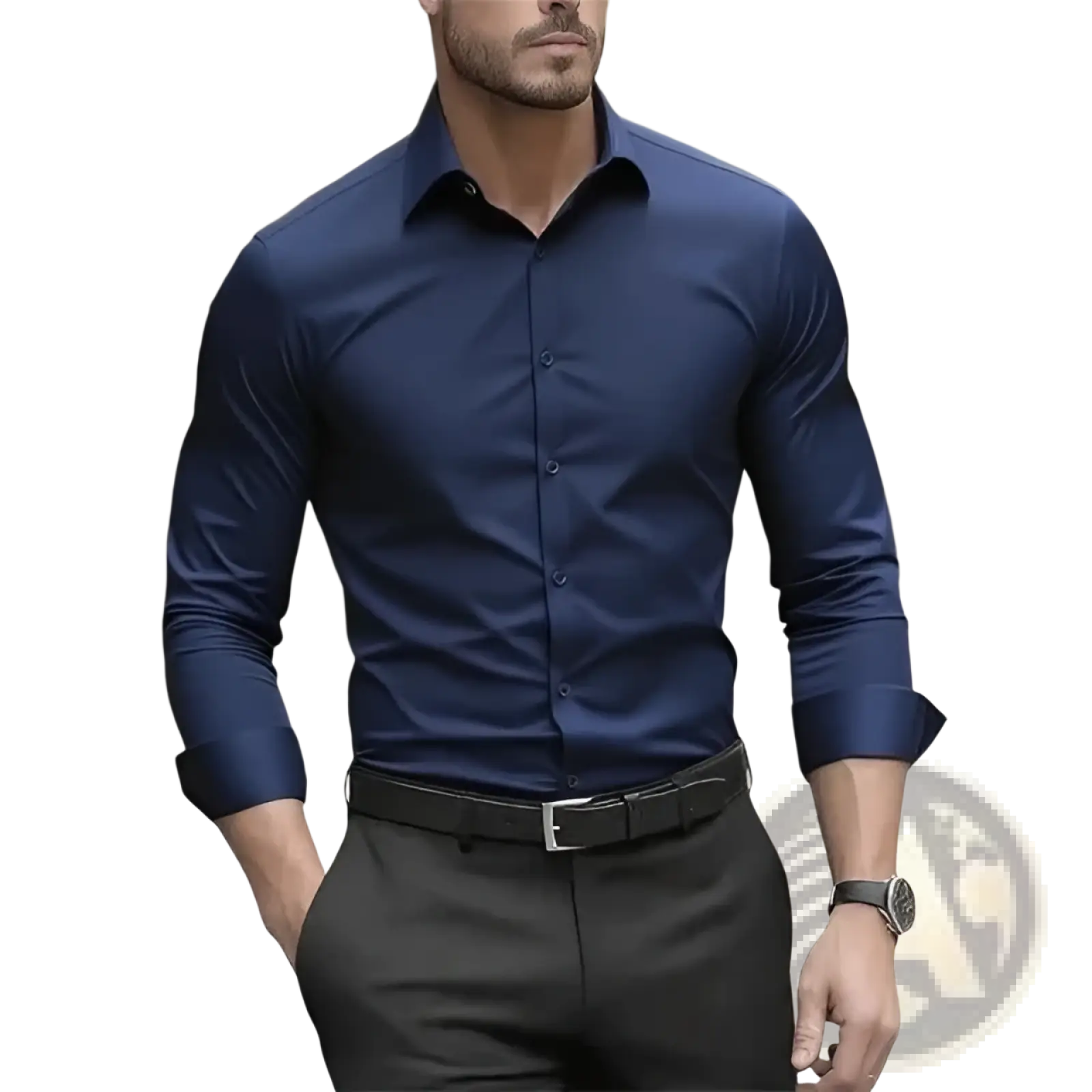 A sleek navy blue non-iron long-sleeved business dress shirt with a classic collar and button-down front for men
