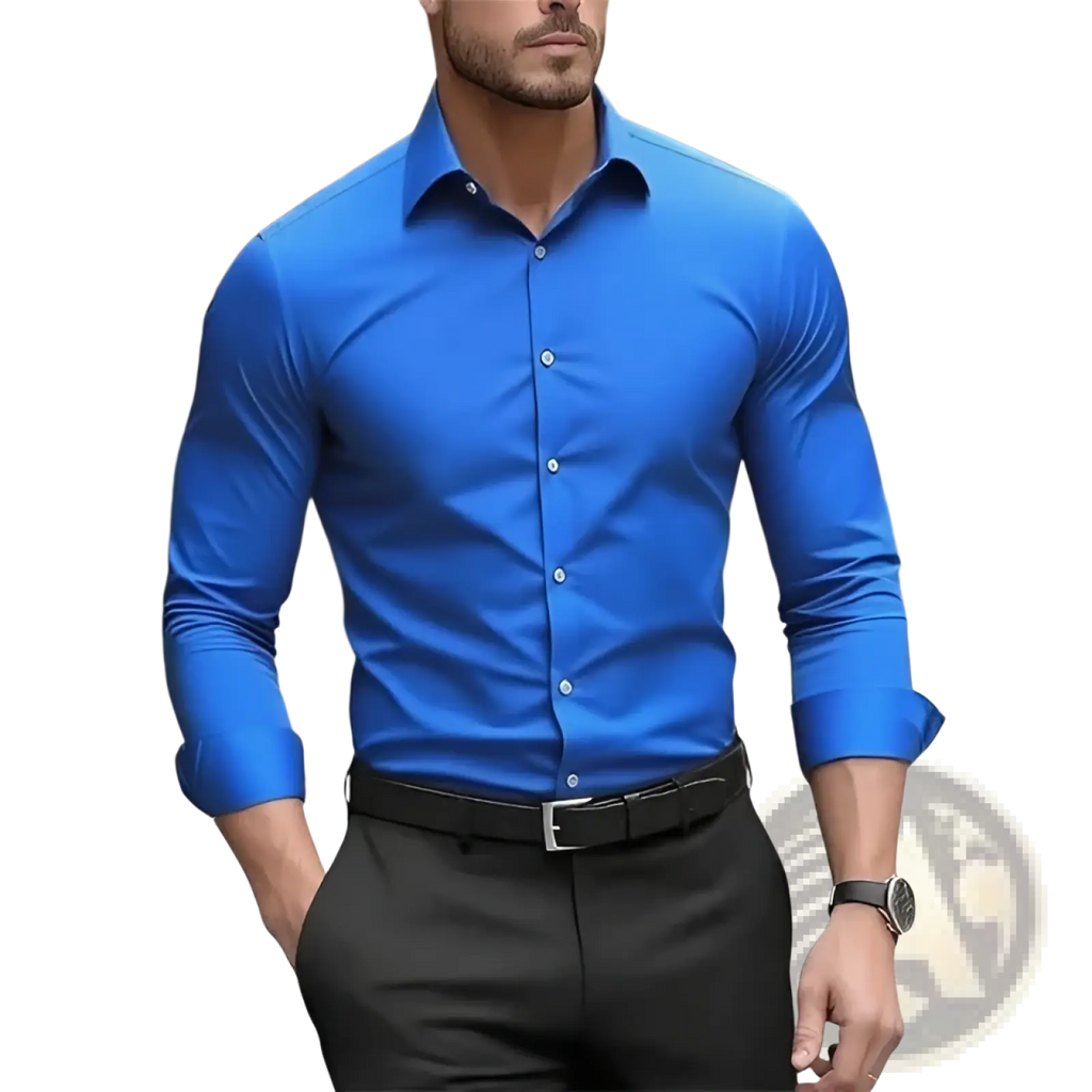 Men non-iron business dress shirt in vibrant royal blue with long sleeves, crisp collar, and button-down front