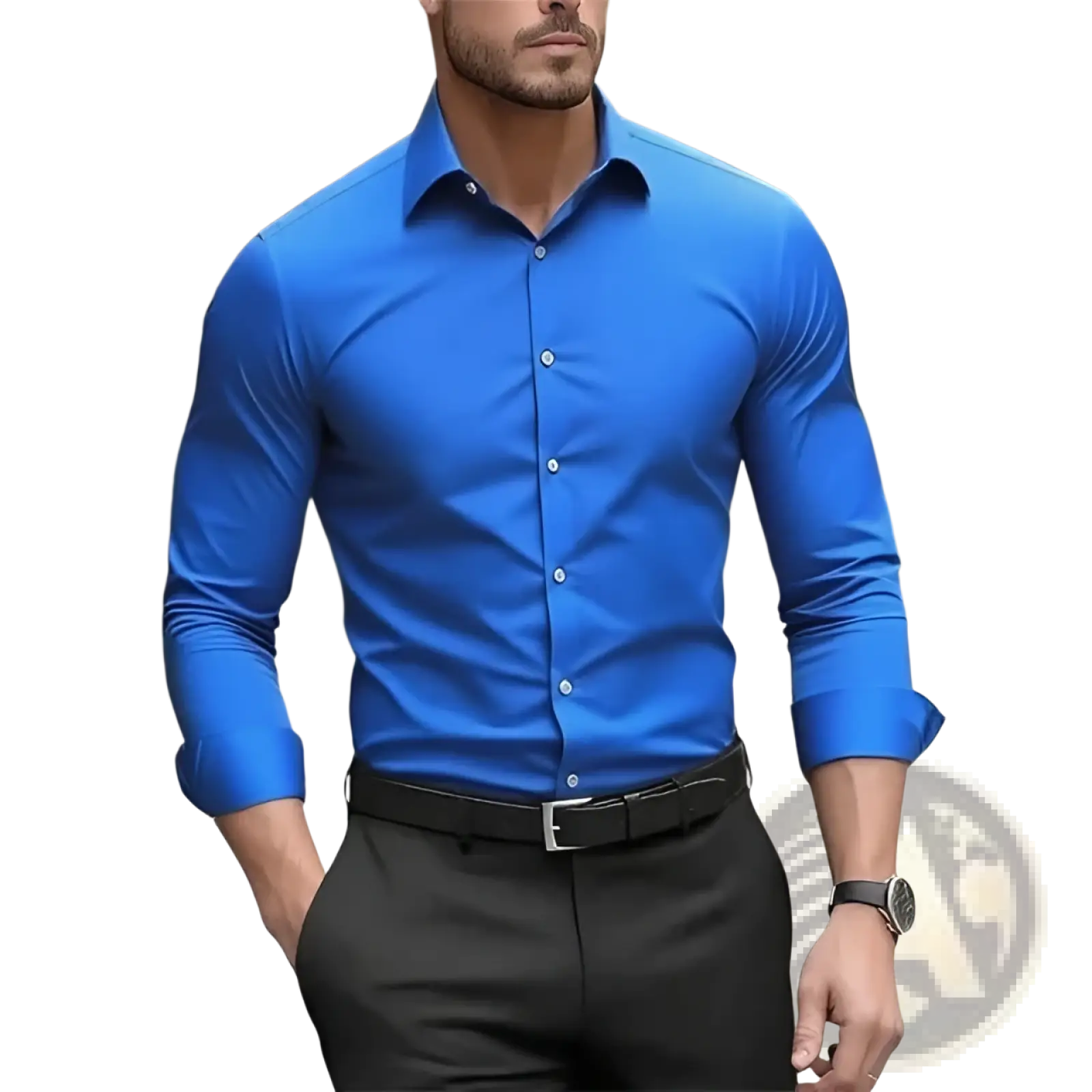 Men non-iron business dress shirt in vibrant royal blue with long sleeves, crisp collar, and button-down front