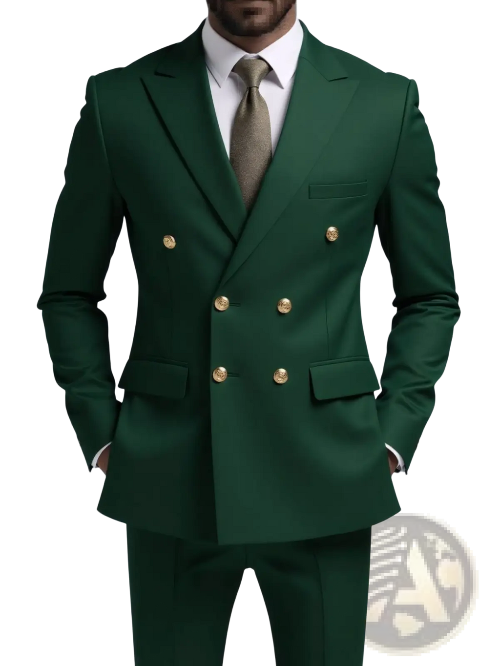 Men non-iron double-breasted deep green suit with gold-toned buttons and tailored fit for formal occasions