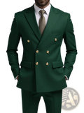 Men non-iron double-breasted deep green suit with gold-toned buttons and tailored fit for formal occasions