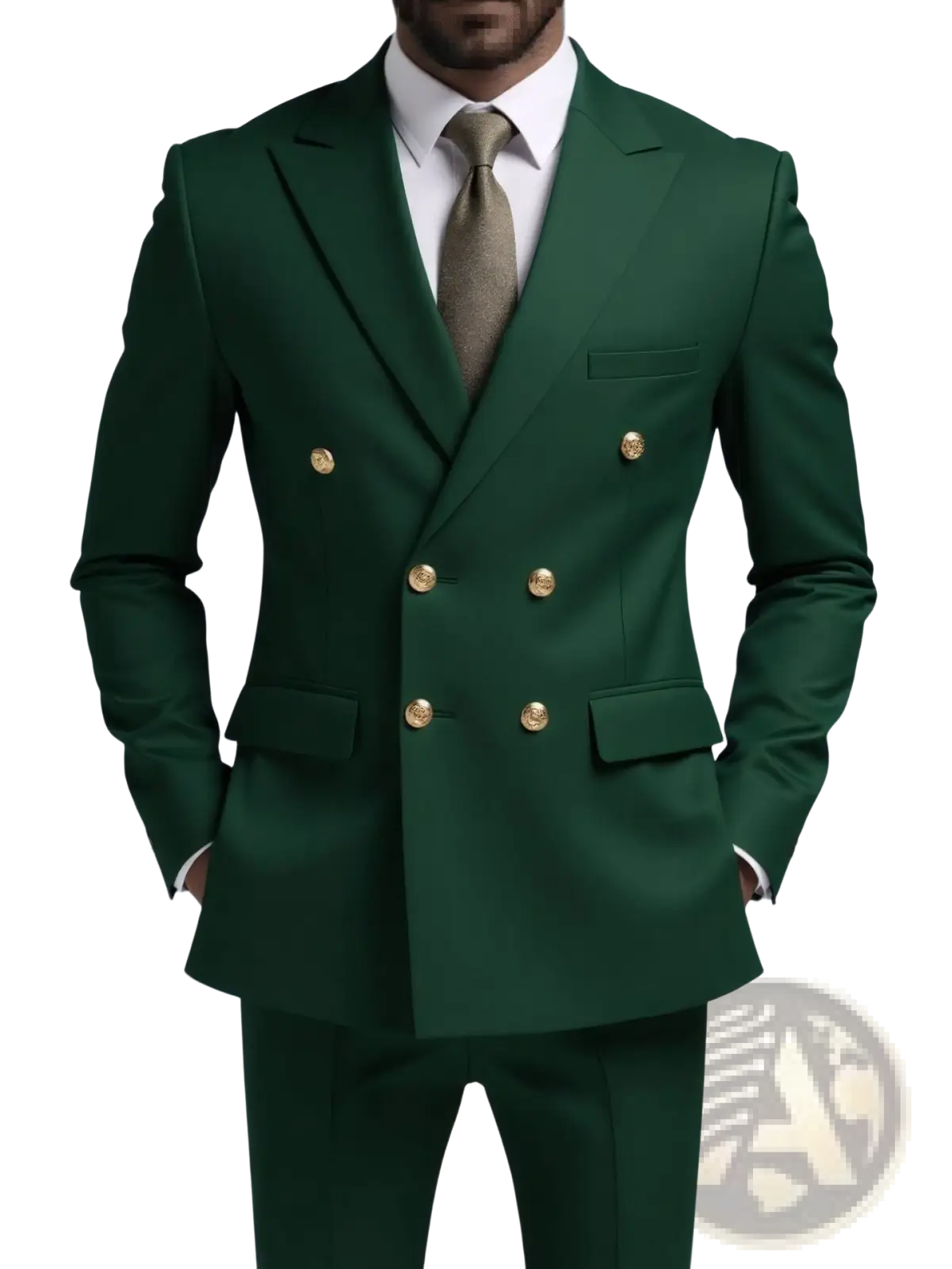 Men non-iron double-breasted deep green suit with gold-toned buttons and tailored fit for formal occasions