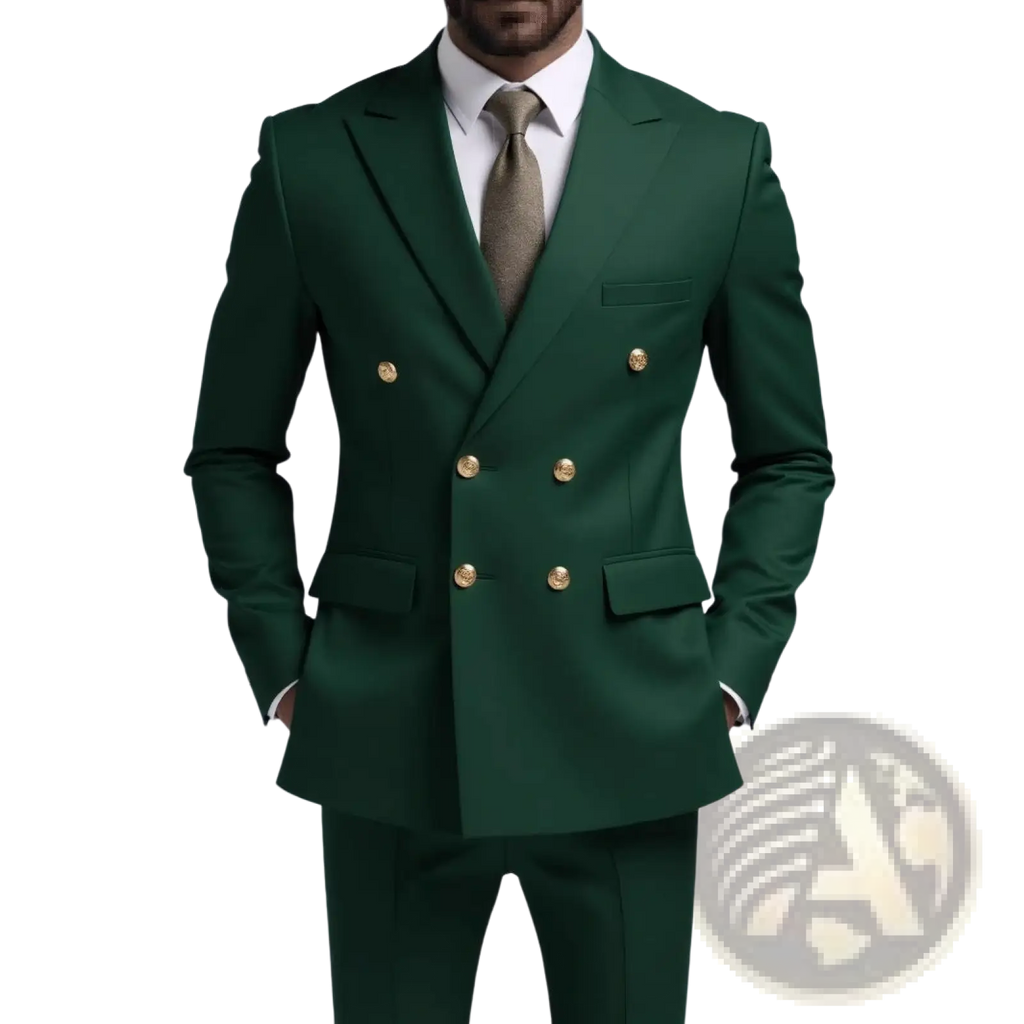 Men non-iron deep green double-breasted suit with gold-toned buttons for formal occasions