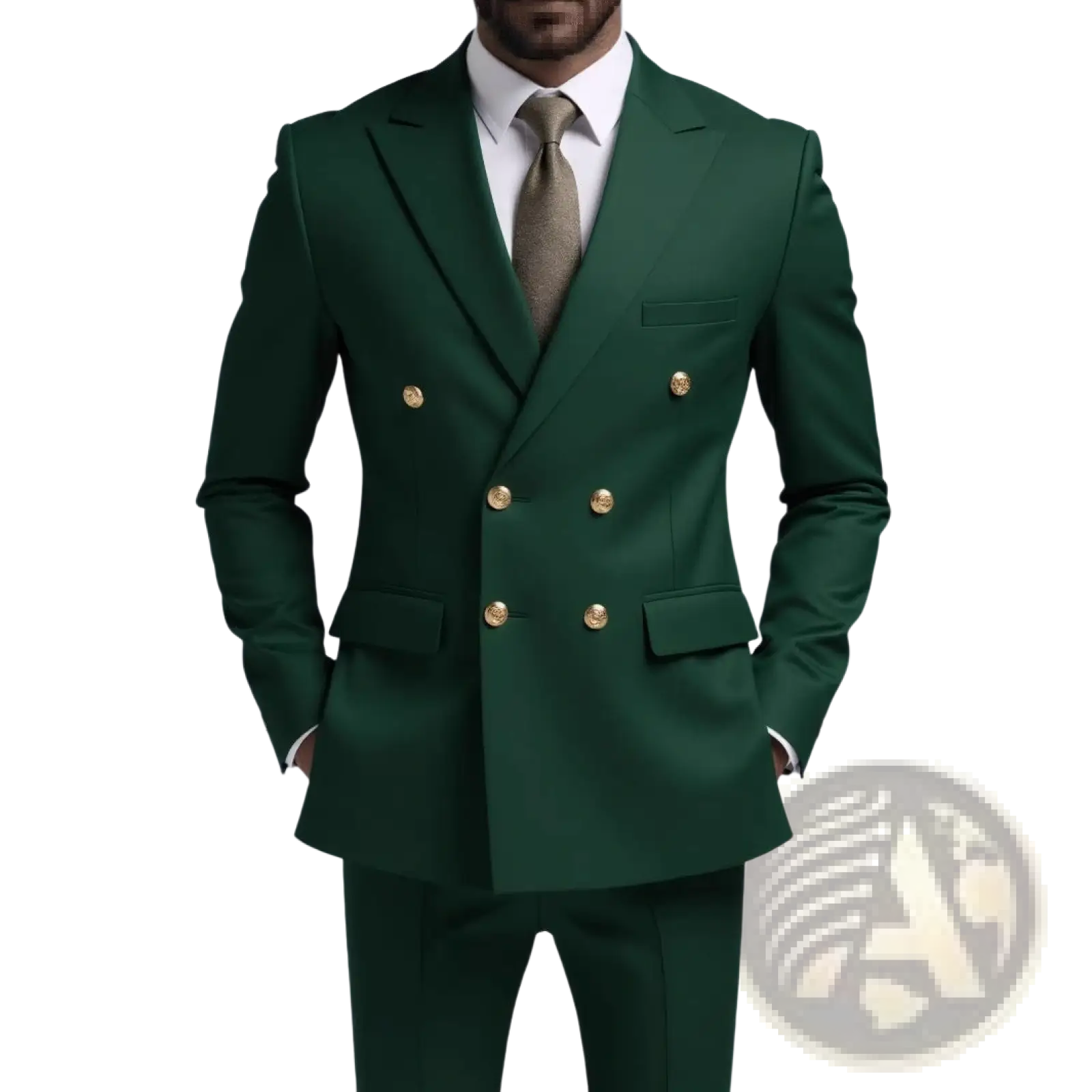 Men non-iron deep green double-breasted suit with gold-toned buttons for formal occasions