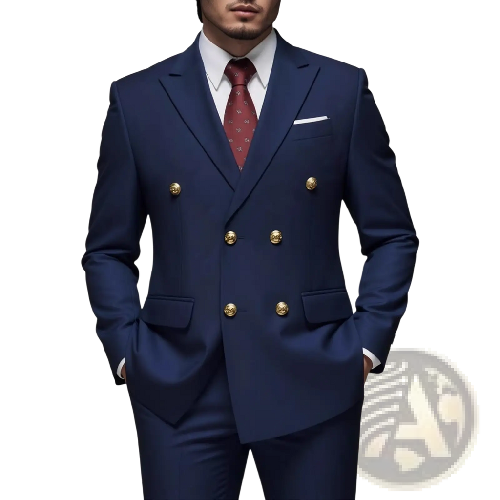 Navy blue men non-iron double-breasted suit with gold-toned buttons designed for formal wear