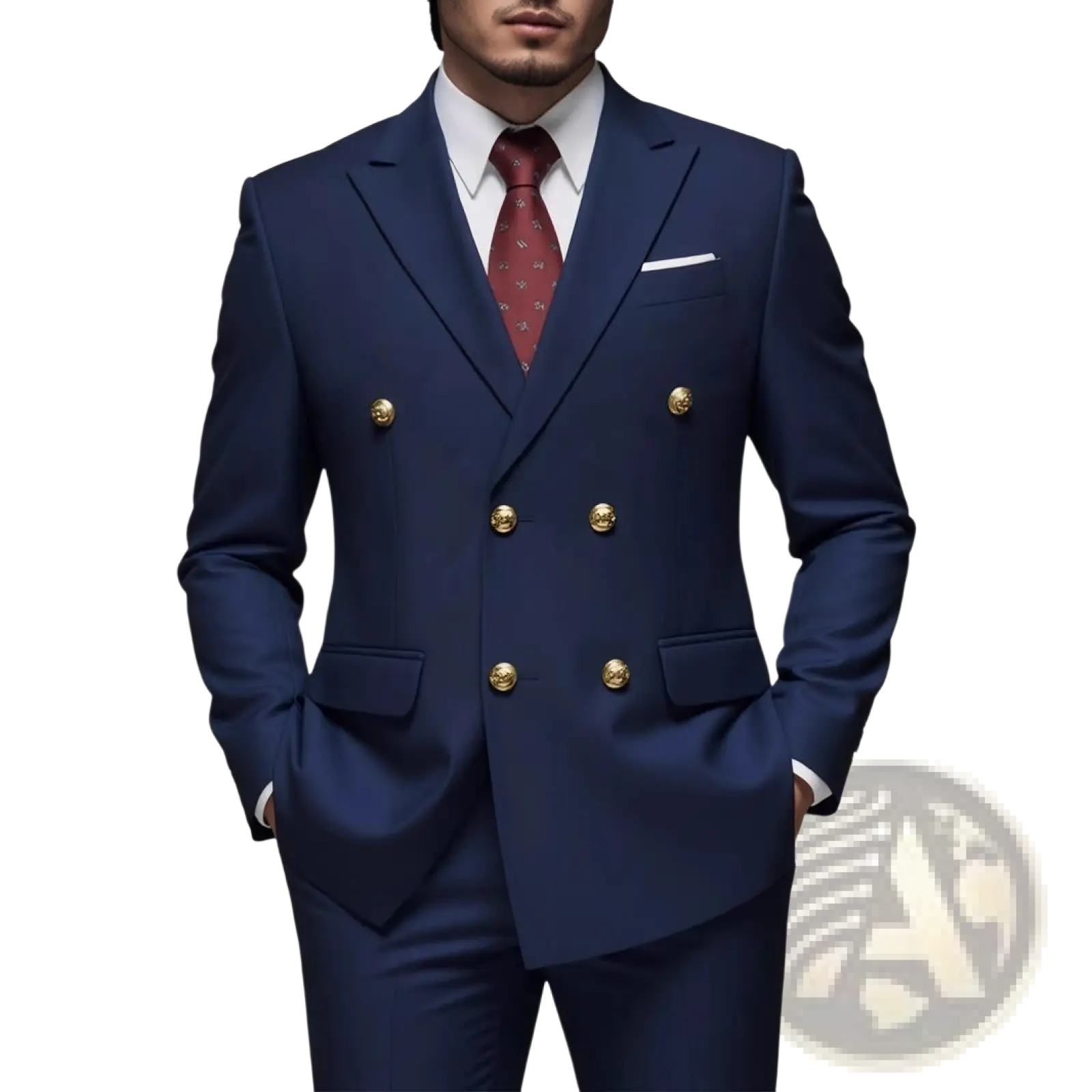 Navy blue men non-iron double-breasted suit with gold-toned buttons designed for formal wear