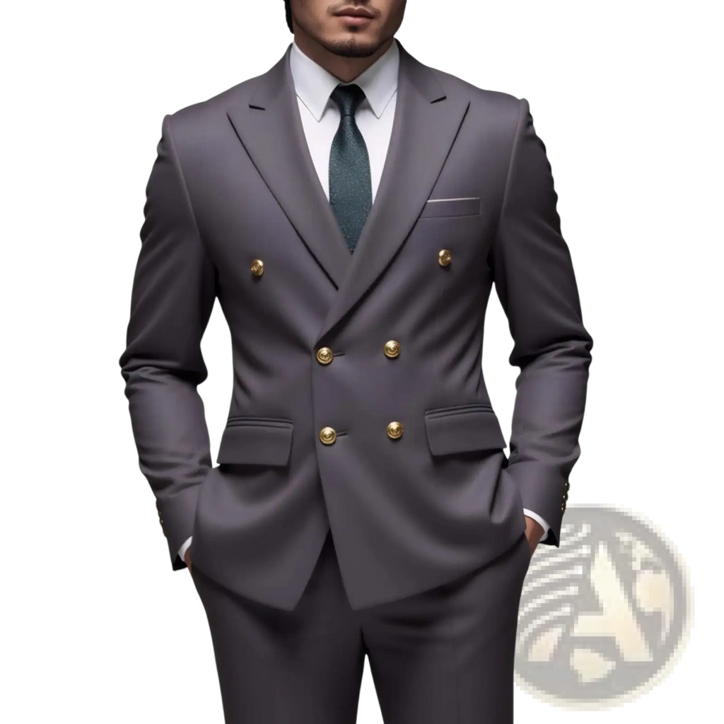 A sleek charcoal gray men non-iron double-breasted suit with polished gold-toned buttons