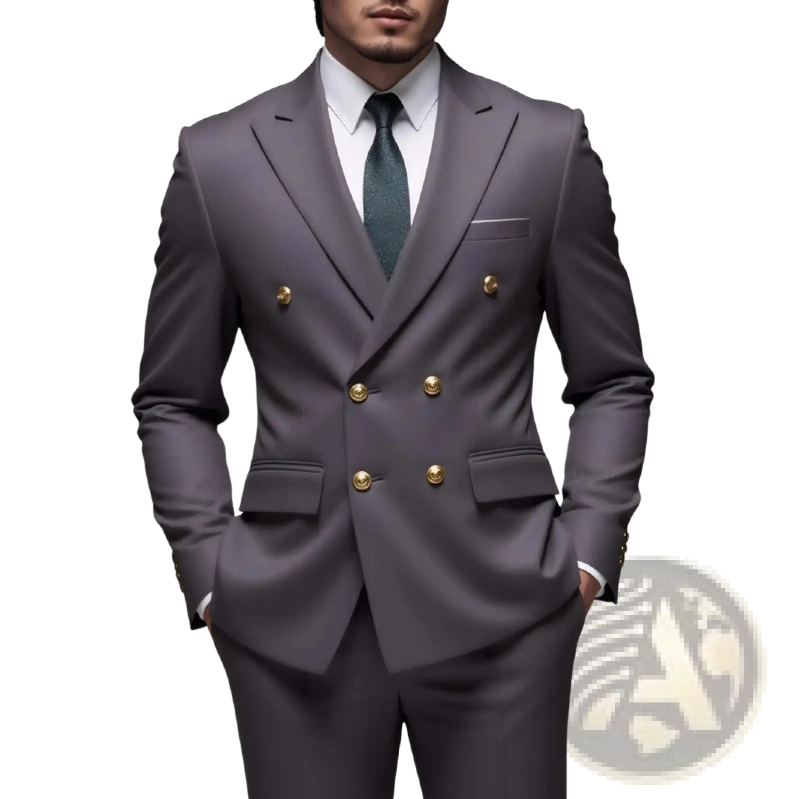 A sleek charcoal gray men non-iron double-breasted suit with polished gold-toned buttons