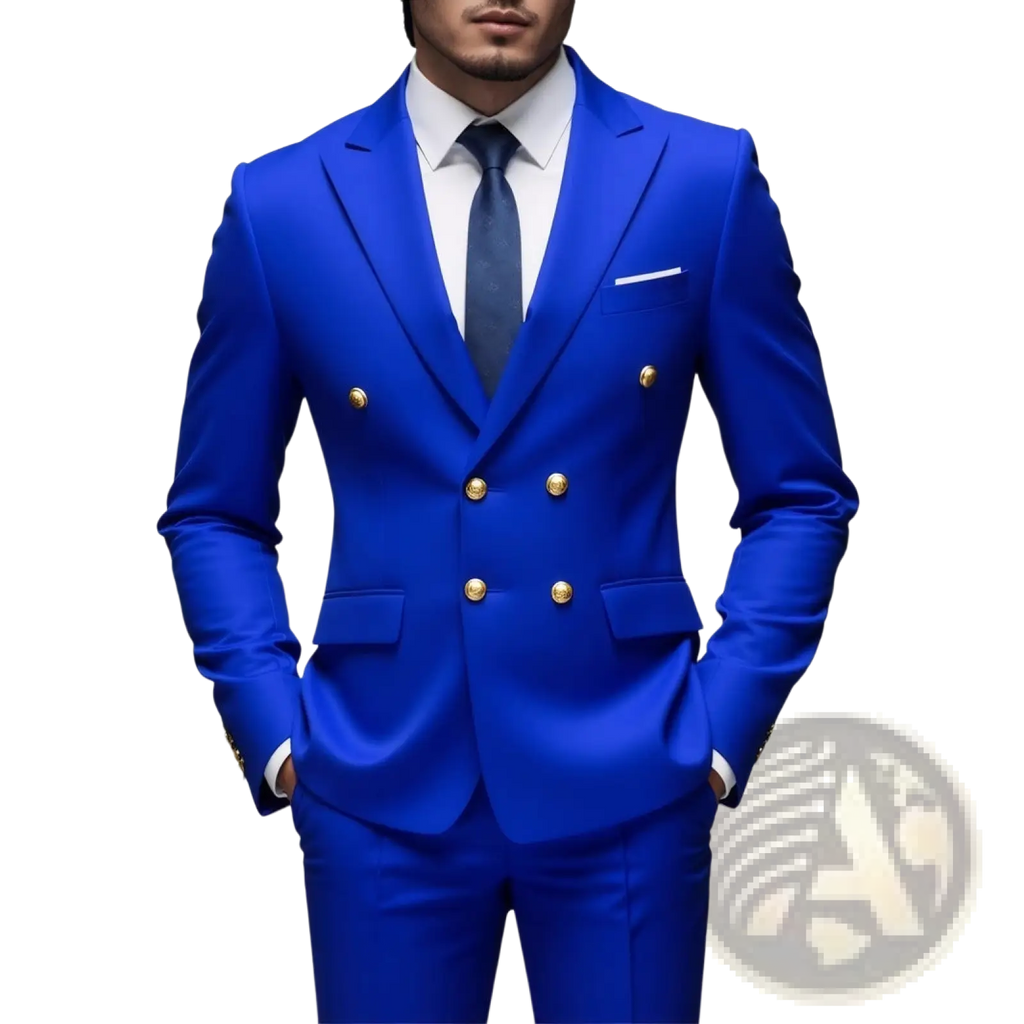 Men non-iron double-breasted suit in vibrant royal blue with gold-toned buttons and tailored fit