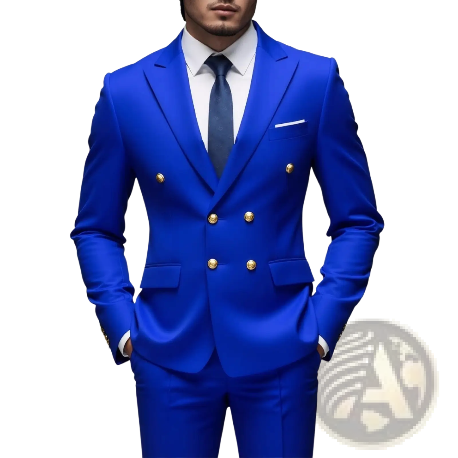 Men non-iron double-breasted suit in vibrant royal blue with gold-toned buttons and tailored fit