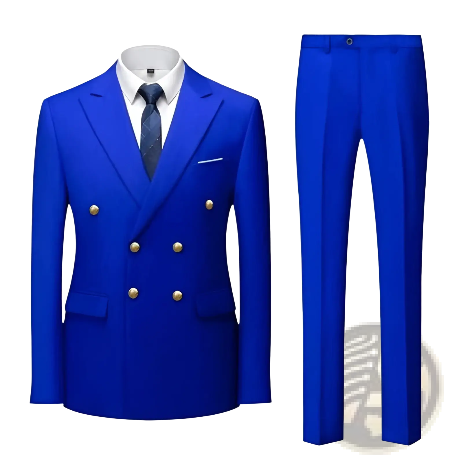 Men non-iron double-breasted royal blue suit with gold buttons and matching trousers in vibrant fabric