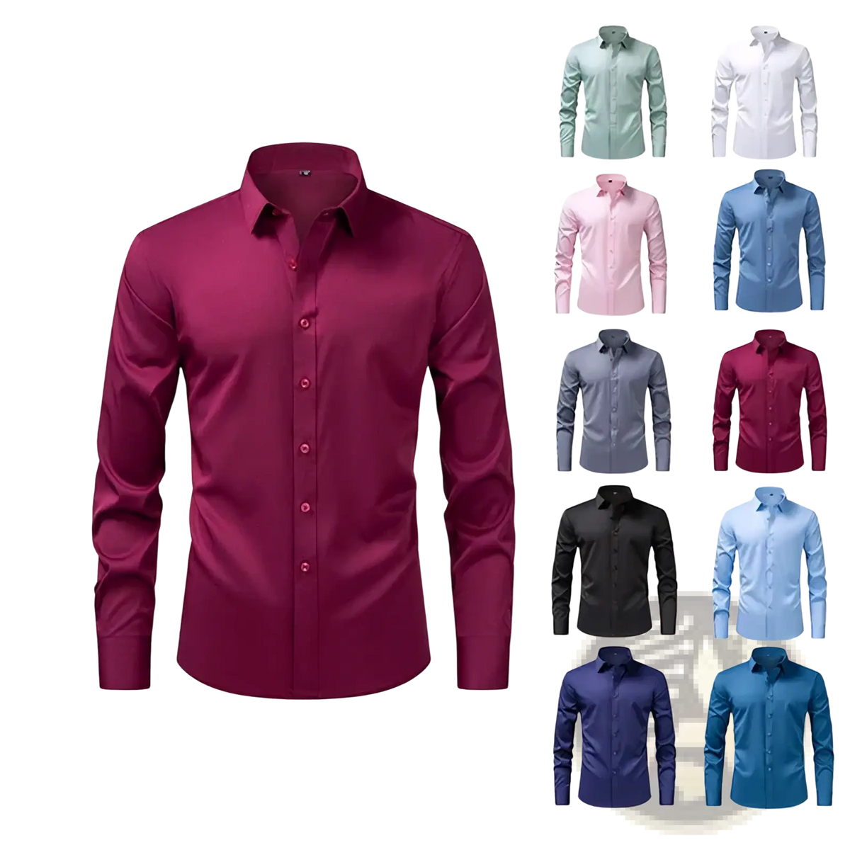 Men non-iron dress shirt plus size in rich burgundy with long sleeves, crisp collar, and button-down front