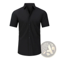Black short-sleeved button-up shirt with classic collar and matching buttons from men non-iron stretch long-sleeve shirt collection