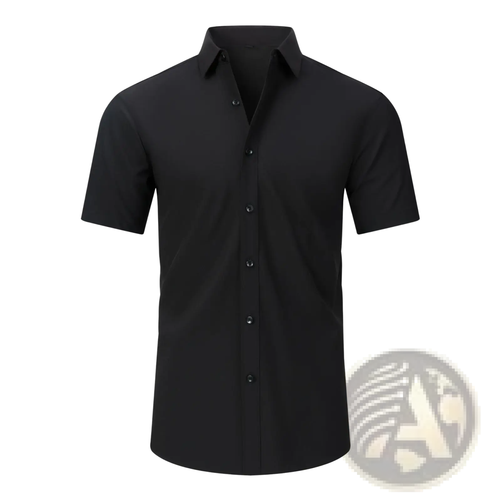 Black short-sleeved button-up shirt with classic collar and matching buttons from men non-iron stretch long-sleeve shirt collection