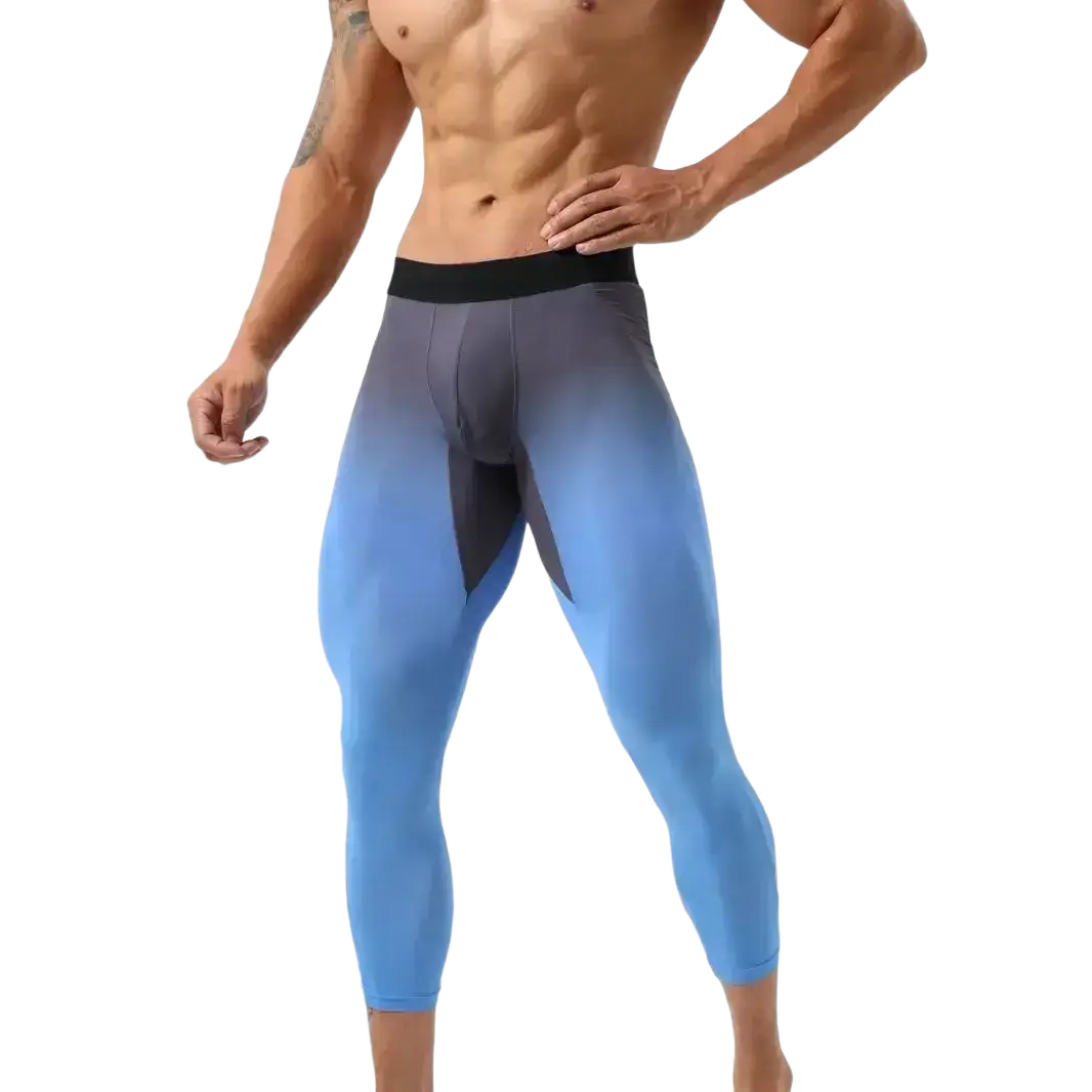 Men nylon fitness tights in blue gradient with black waistband designed for workout and fitness activities
