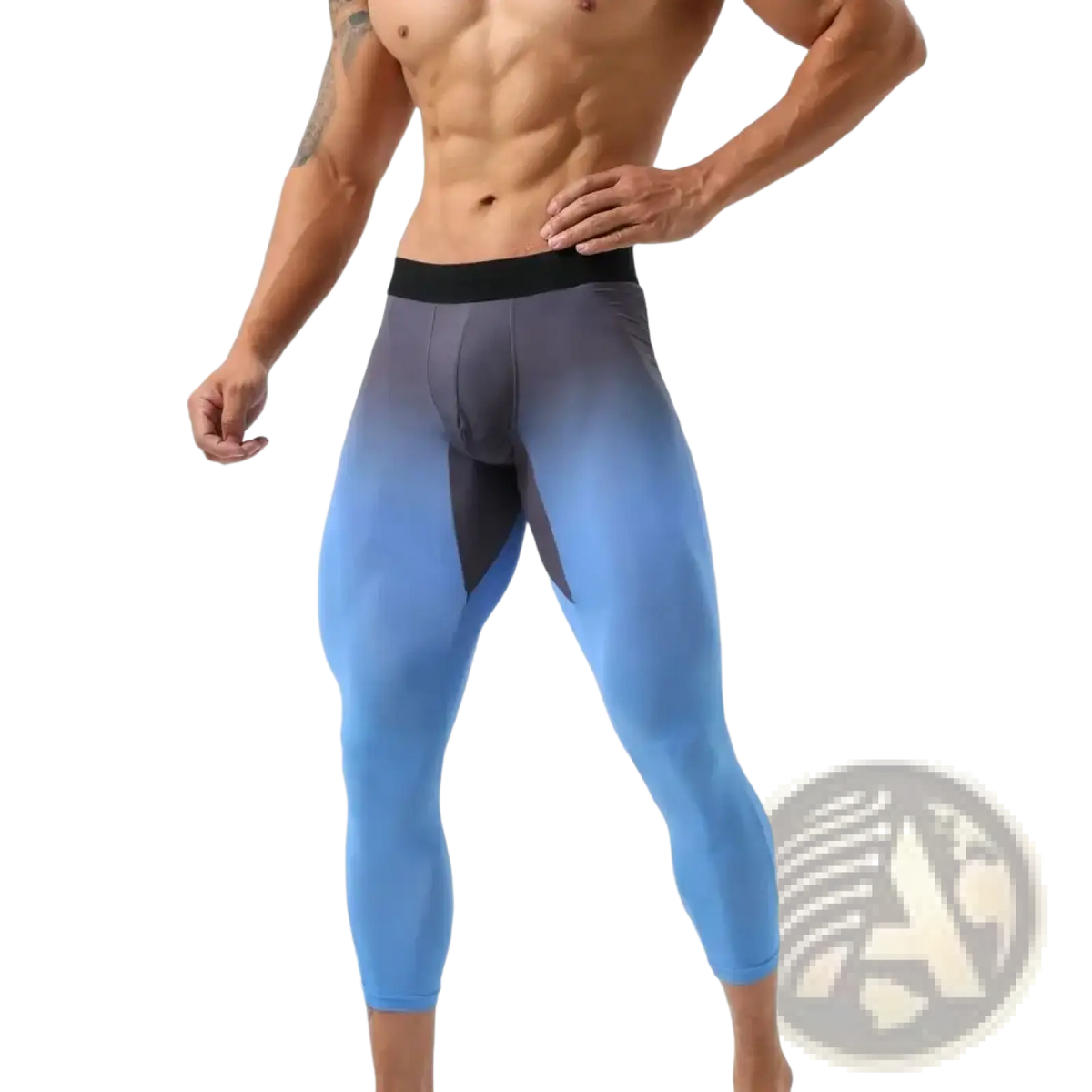 Men nylon fitness tights workout pants in blue and gray gradient with black waistband for athletic use