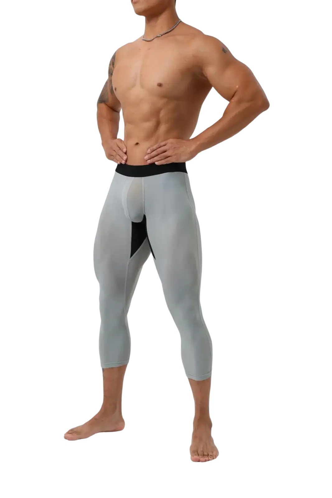 Men nylon fitness tights workout pants in gray nylon with black waistband and subtle black inner thigh panel