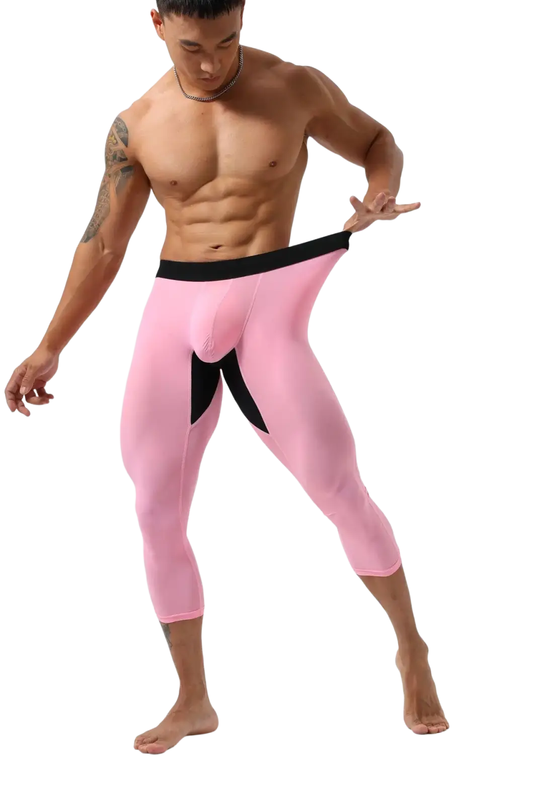 Men nylon fitness tights workout pants in pink with black elastic waistband and distinctive black panel design