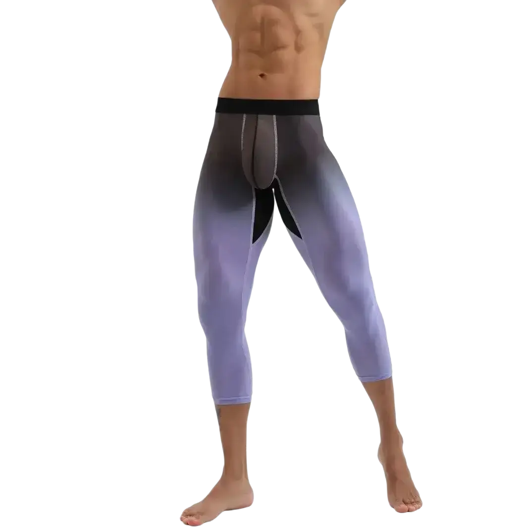 Men nylon fitness tights in purple gradient with black waistband and reinforced paneling for workout use