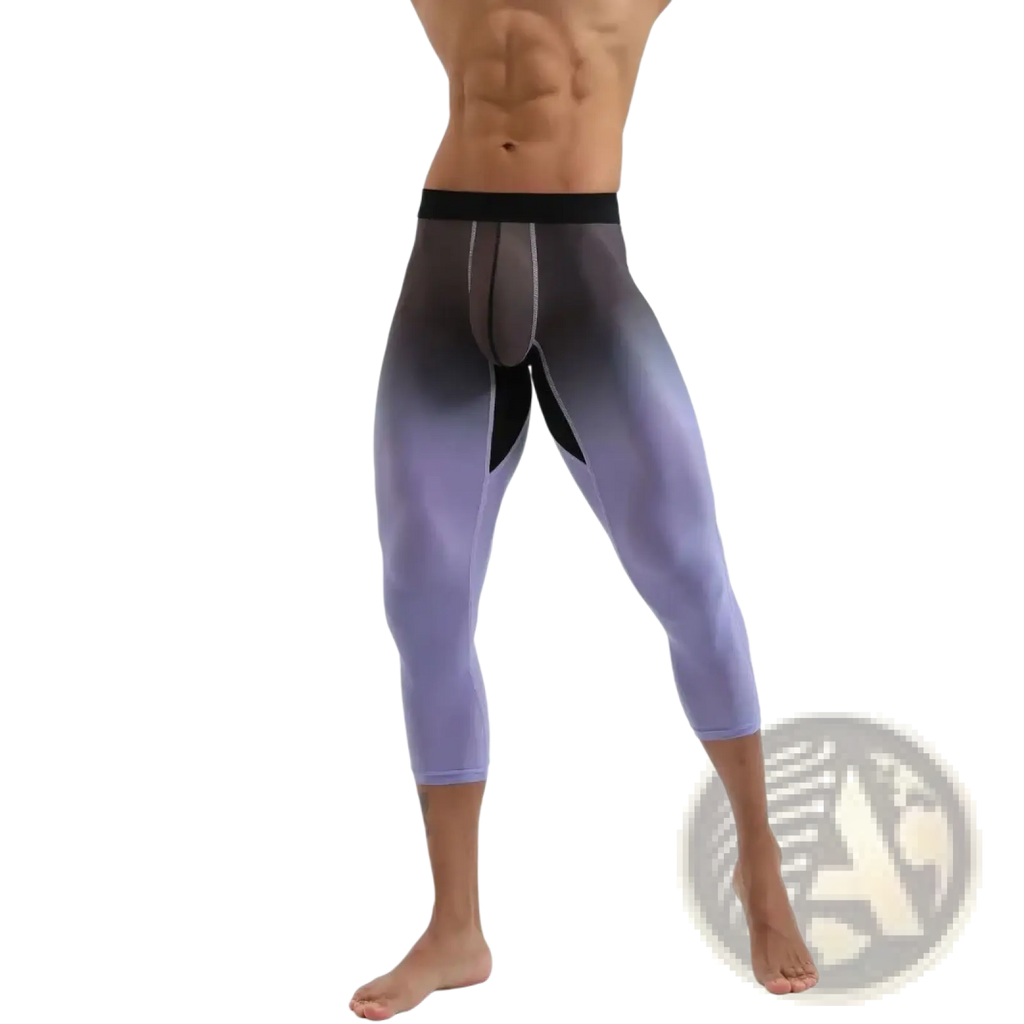 Men nylon fitness tights workout pants in purple gradient with black waistband and reinforced paneling