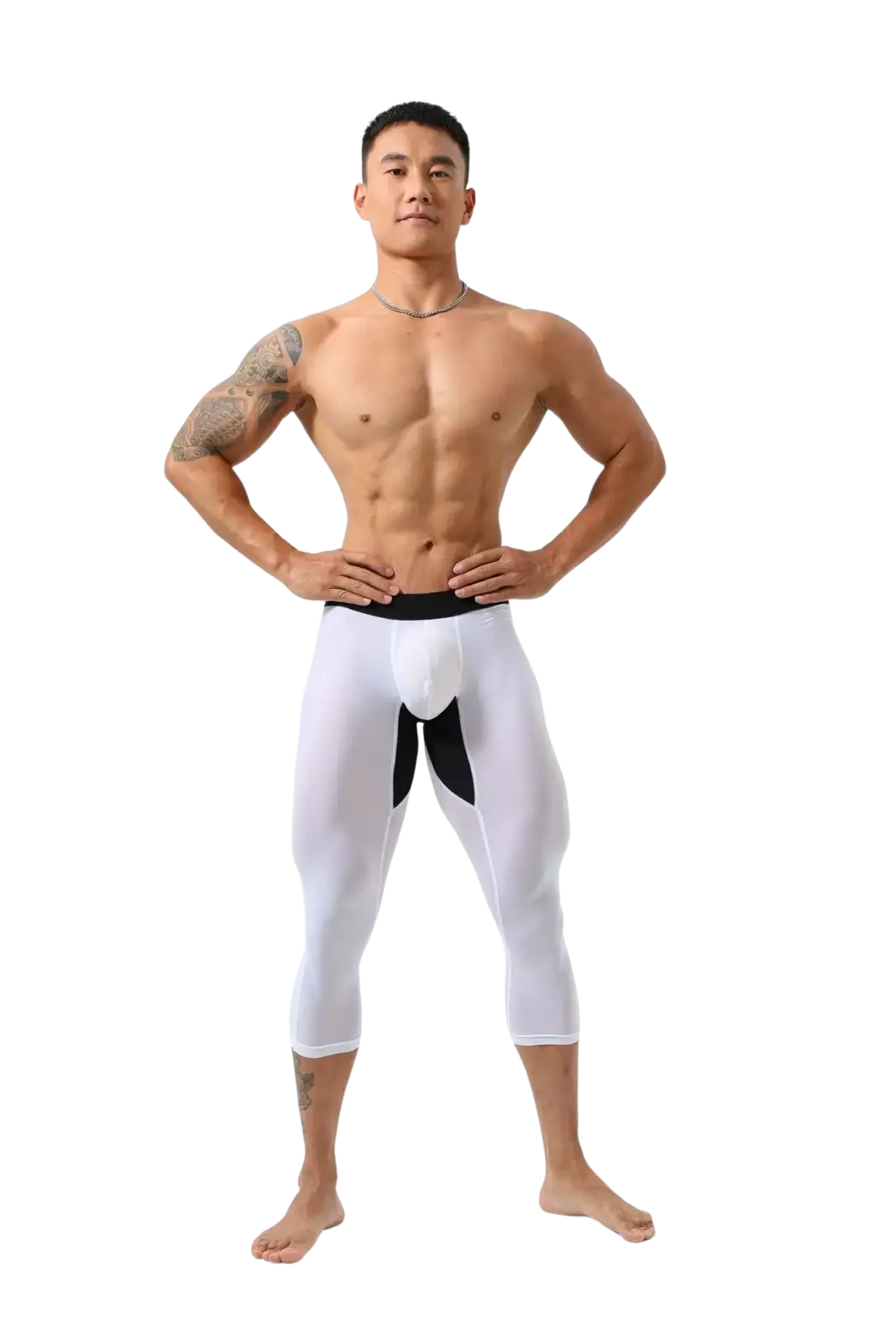 Men nylon fitness tights workout pants in white and black with sleek form-fitting athletic design for workouts