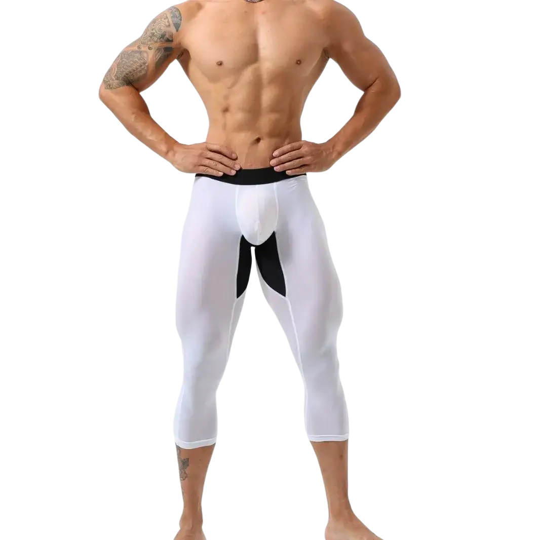 Men nylon fitness tights workout pants in white and black with sheer form-fitting design and athletic capri style
