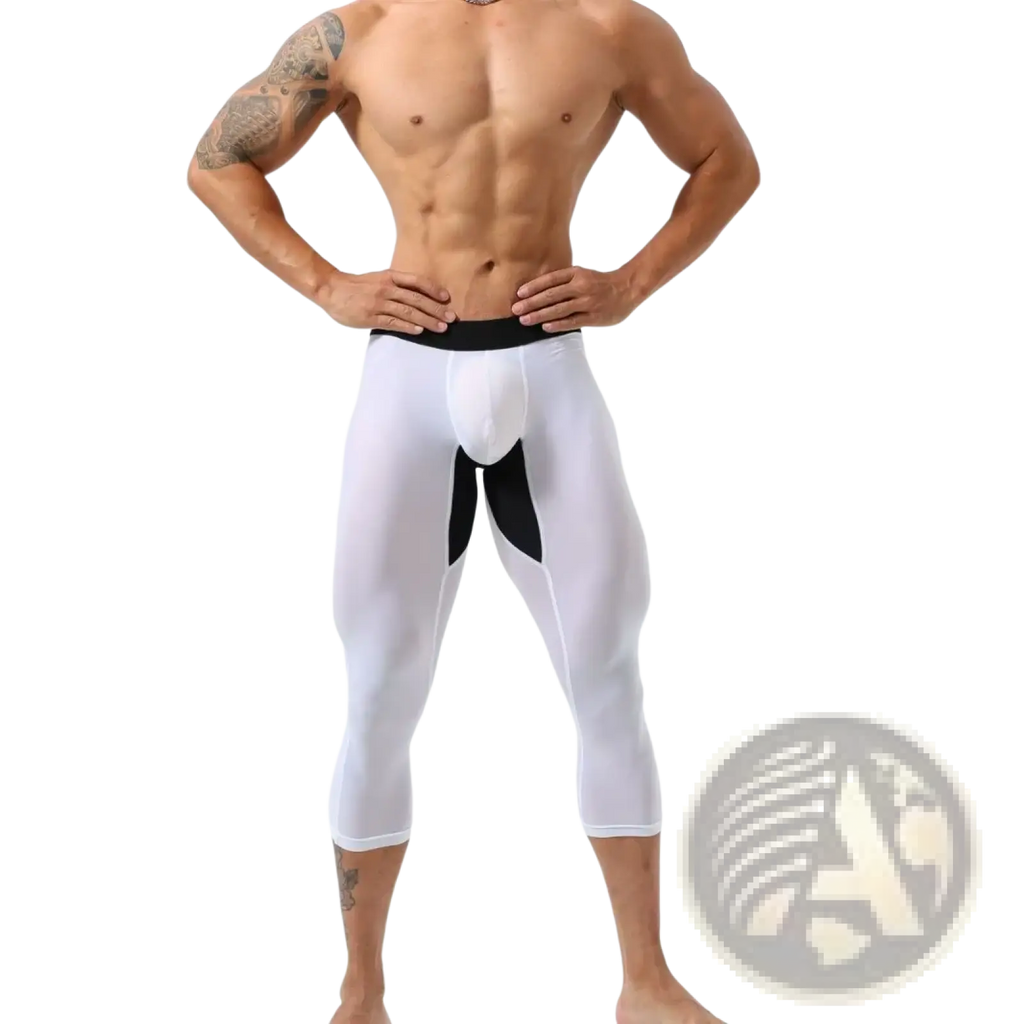 Men nylon fitness tights workout pants in white and black with sheer form-fitting design and athletic capri style